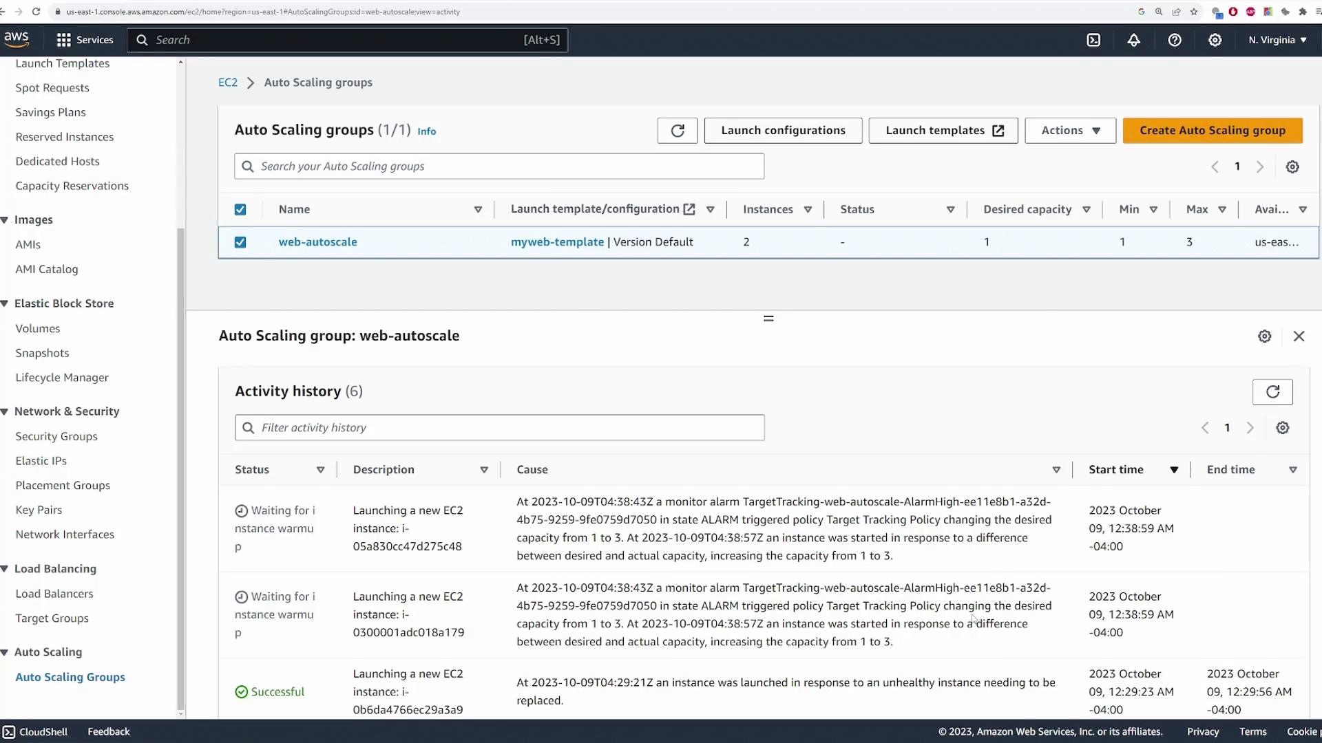 The image shows an AWS EC2 Auto Scaling Groups dashboard, displaying details of a group named "web-autoscale" with activity history logs for launching EC2 instances.