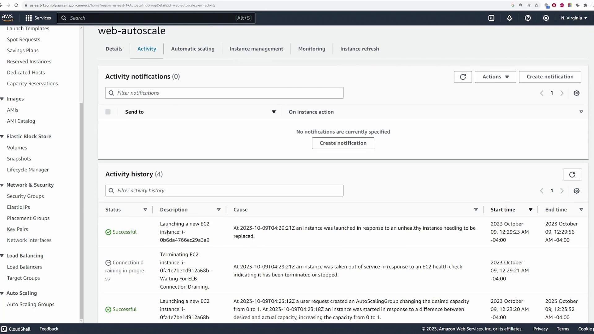 The image shows an AWS EC2 Auto Scaling activity dashboard, displaying activity notifications and a history of recent scaling activities, including launching and terminating instances.