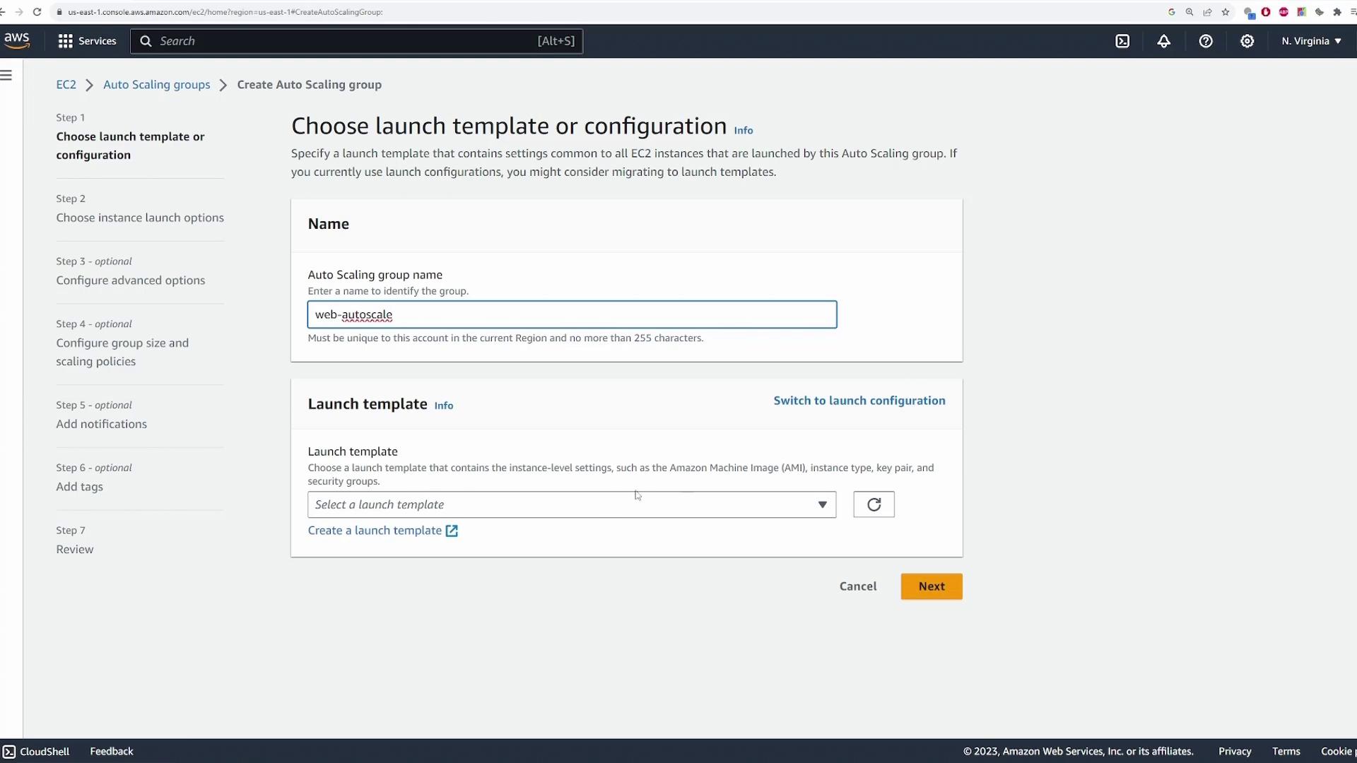 The image shows an AWS EC2 console screen for creating an Auto Scaling group, where a user can specify a launch template or configuration. The interface includes fields for naming the group and selecting or creating a launch template.