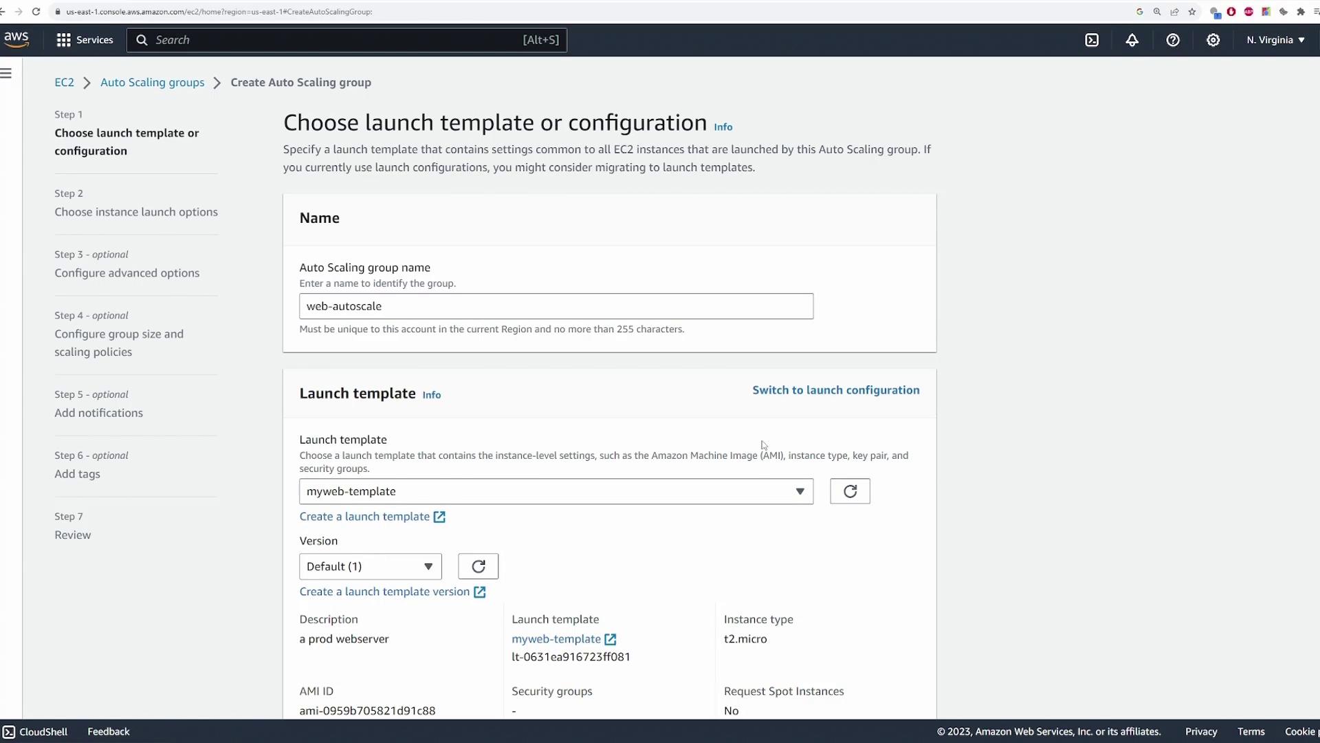 The image shows an AWS EC2 console screen for creating an Auto Scaling group, with options to choose a launch template or configuration. The selected launch template is named "myweb-template" with instance type "t2.micro."