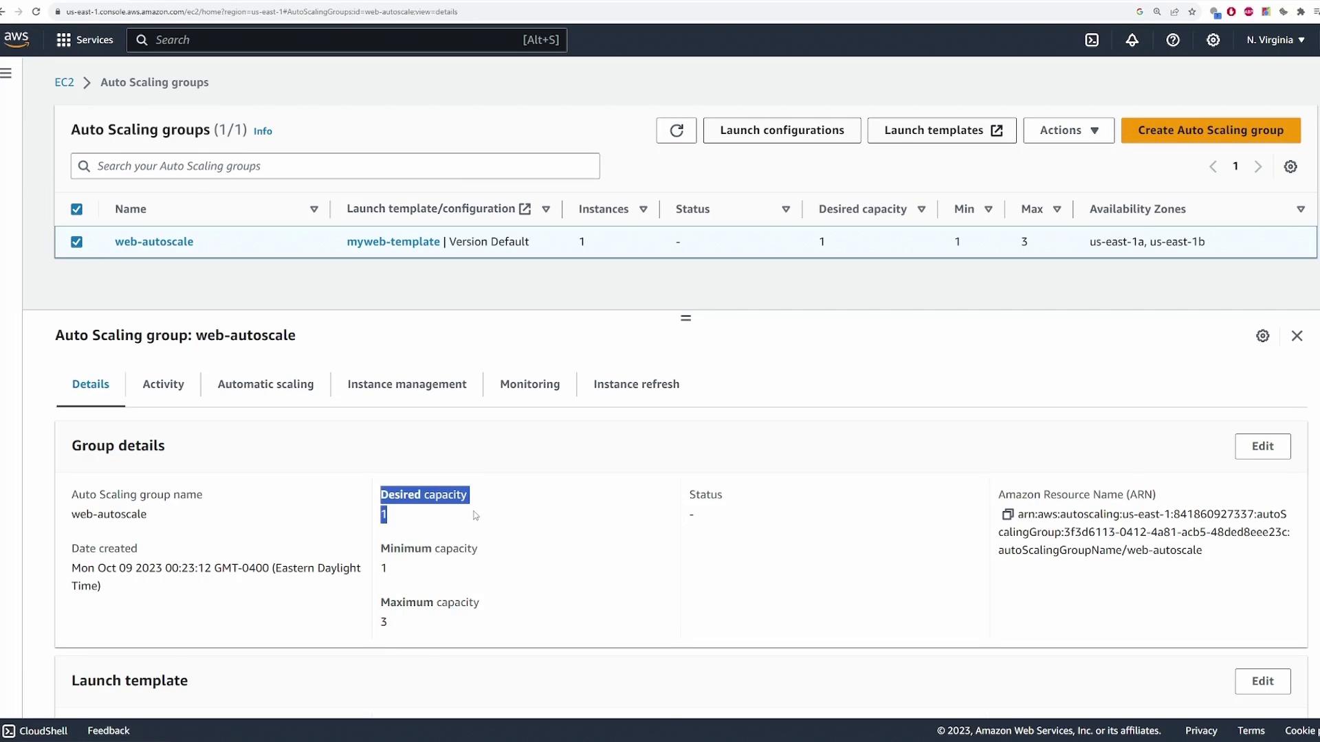The image shows an AWS EC2 Auto Scaling group configuration page, displaying details for a group named "web-autoscale" with a desired capacity of 1 and a maximum capacity of 3.