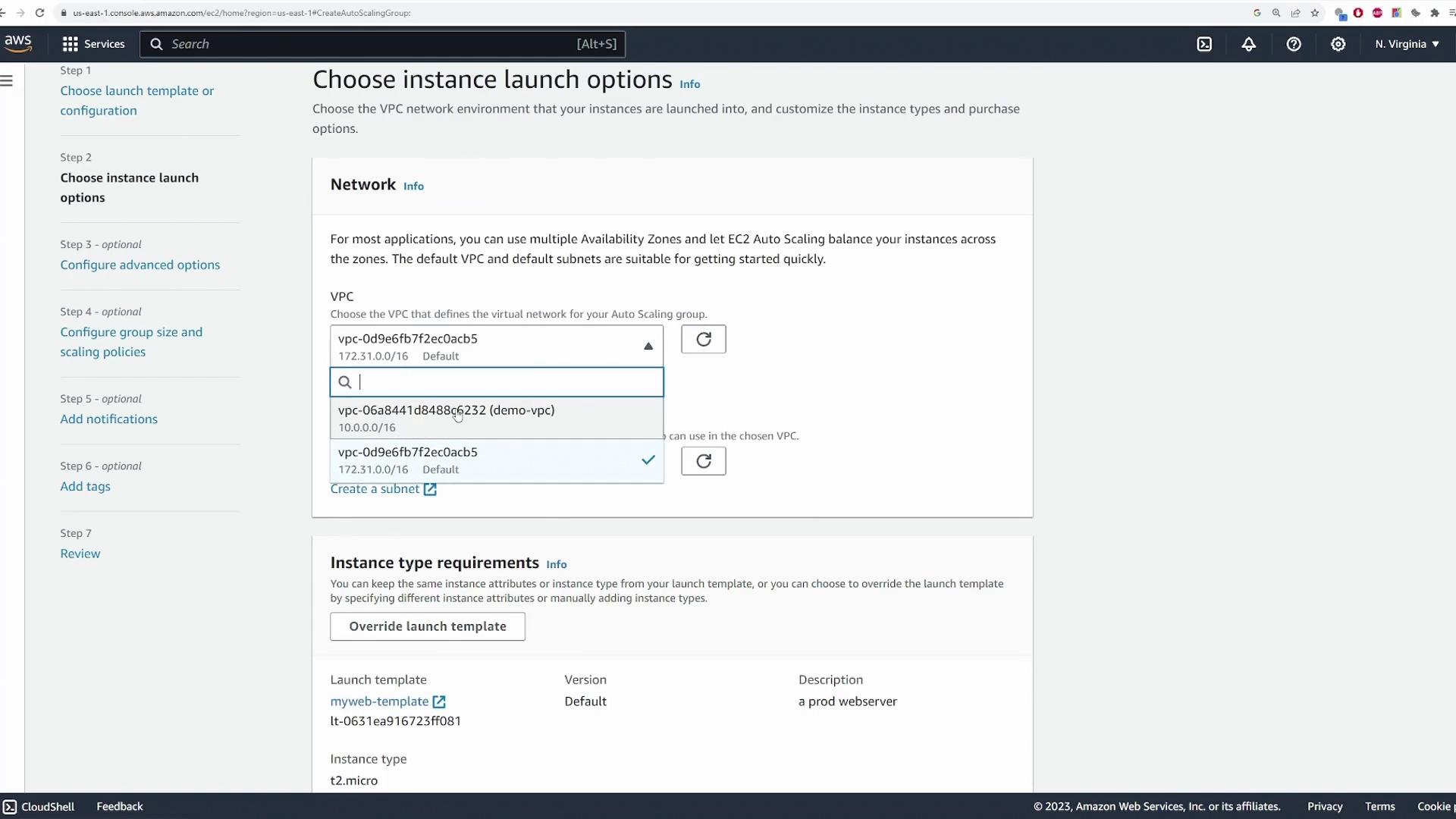 The image shows an AWS EC2 console screen where a user is choosing instance launch options, specifically selecting a VPC for an Auto Scaling group. It includes steps for configuring instance type requirements and other settings.