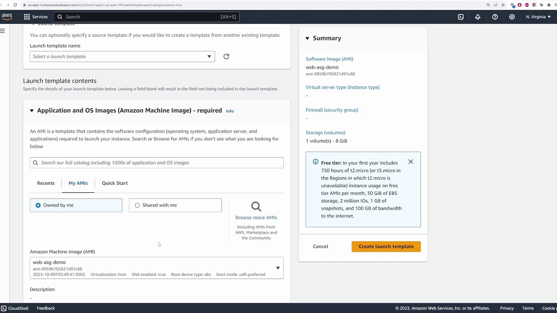 The image shows an AWS EC2 console interface for creating a launch template, with options to select an Amazon Machine Image (AMI) and a summary of the selected configuration.