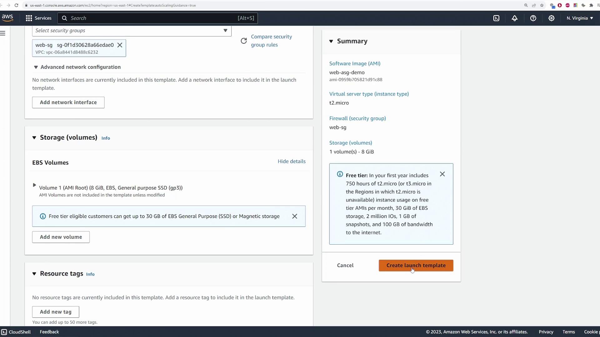 The image shows an AWS EC2 console interface for creating a launch template, detailing security groups, storage volumes, and resource tags. The summary section includes information about the software image, instance type, and firewall settings.