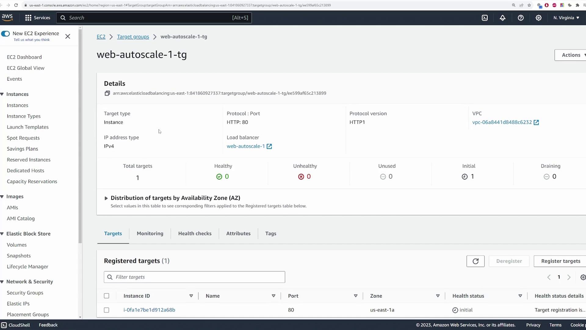 The image shows an AWS EC2 console screen displaying details of a target group named "web-autoscale-1-tg." It includes information about target type, protocol, load balancer, and the health status of registered targets.