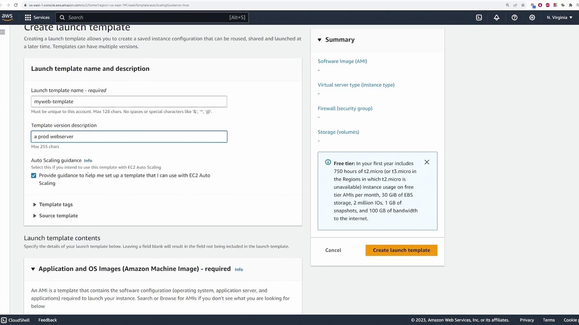 The image shows an AWS console interface for creating a launch template, with fields for template name, description, and auto-scaling guidance options. A summary section on the right provides information about software image, server type, and storage.