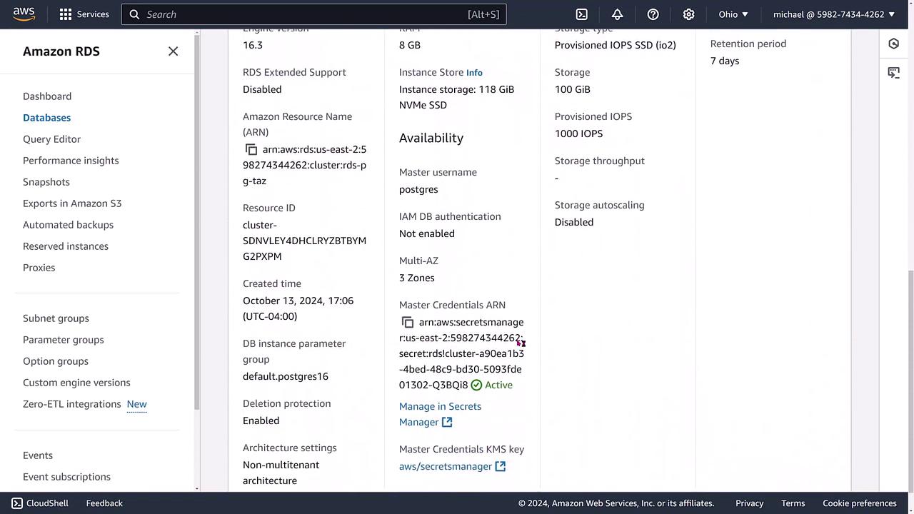 The image shows an Amazon RDS dashboard displaying details of a database instance, including its configuration, storage, and availability settings.