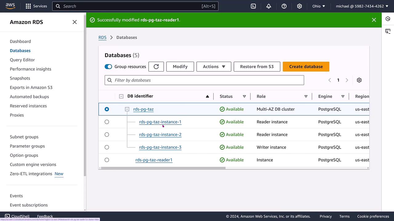 The image shows an Amazon RDS dashboard displaying a list of databases, their statuses, roles, engines, and regions. The databases are part of a PostgreSQL Multi-AZ DB cluster, with instances marked as available.