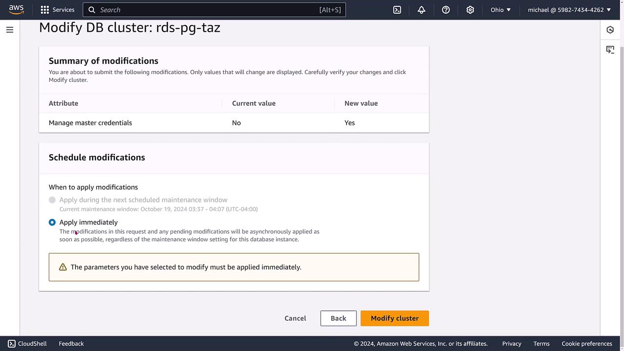 The image shows an AWS interface for modifying a database cluster, with options to manage master credentials and apply changes immediately.