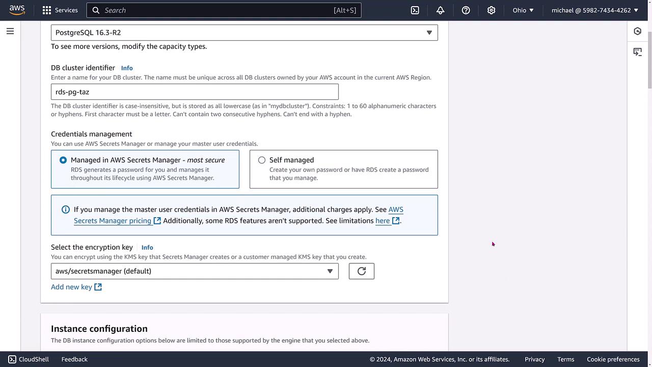 The image shows an AWS management console screen for configuring a PostgreSQL database cluster, including options for credentials management and encryption key selection.