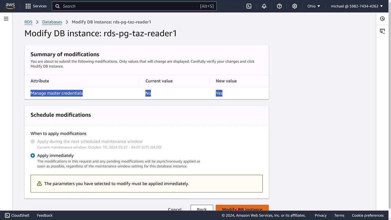 The image shows an AWS RDS interface for modifying a database instance named "rds-pg-taz-reader1," with options to manage master credentials and schedule modifications. The user is selecting to apply changes immediately.