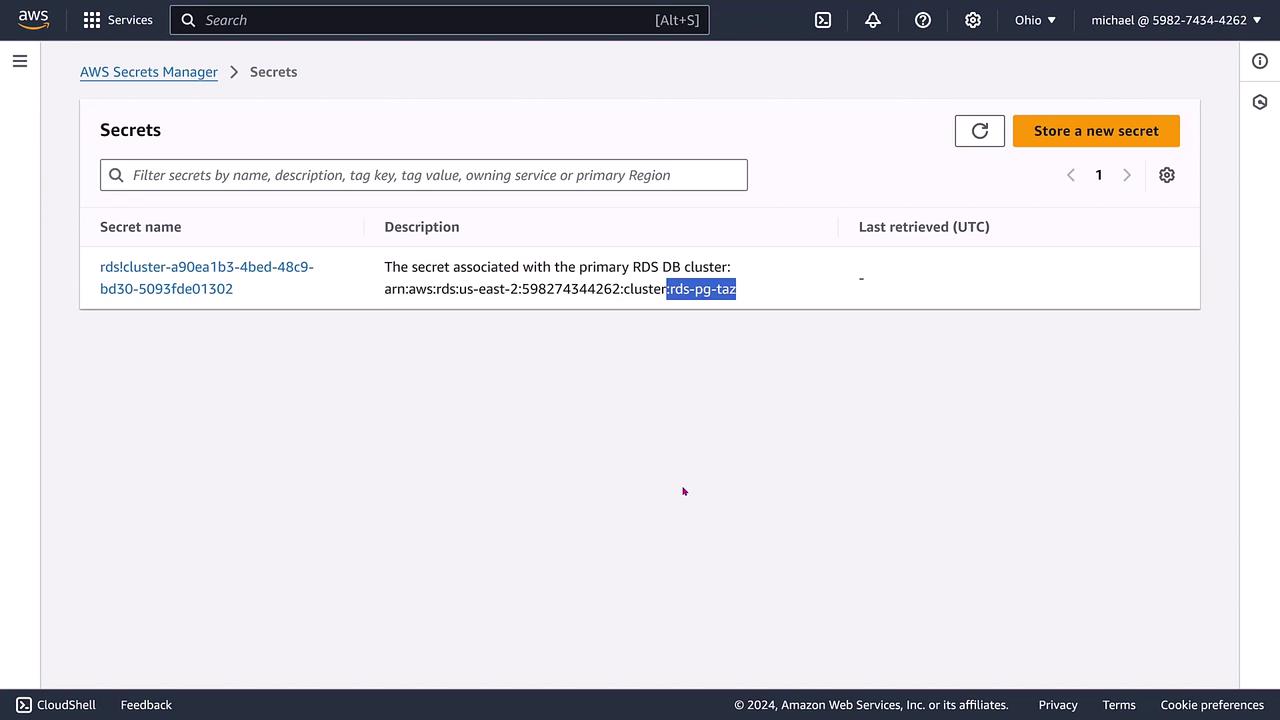 The image shows the AWS Secrets Manager interface with a list of secrets, including a secret associated with an RDS DB cluster. The secret's name, description, and other details are displayed.
