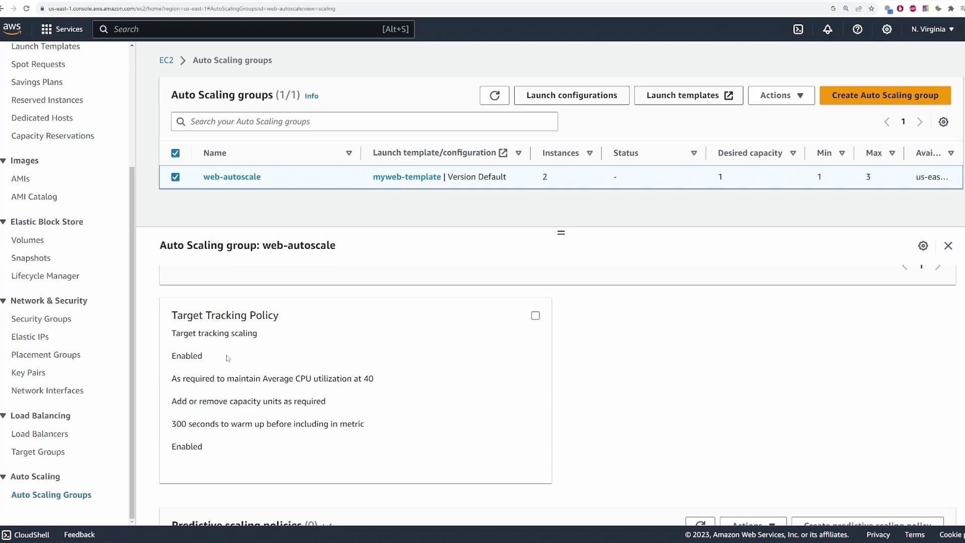 The image shows an AWS EC2 Auto Scaling Groups dashboard with a group named "web-autoscale" and a target tracking policy enabled to maintain average CPU utilization.