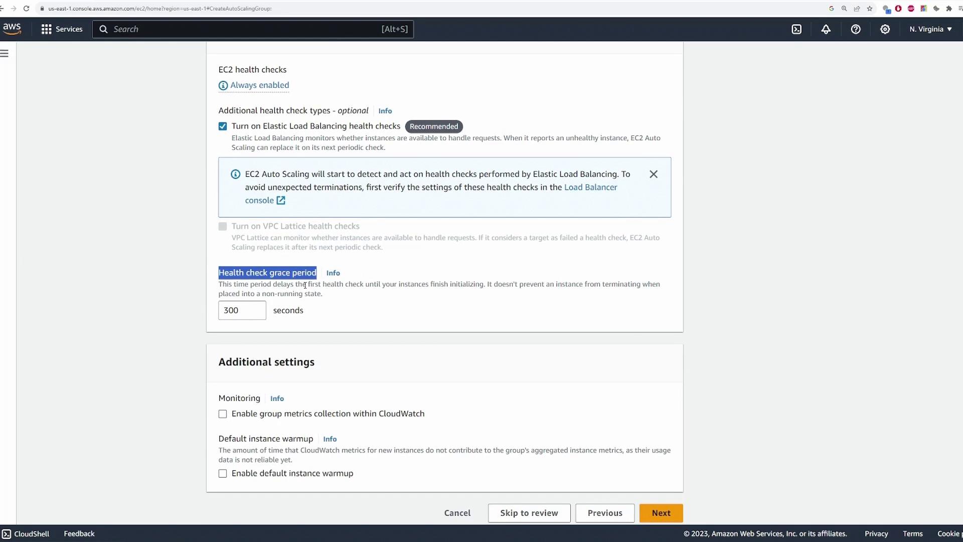 The image shows an AWS EC2 Auto Scaling configuration page, focusing on health check settings and additional settings like monitoring and instance warmup.