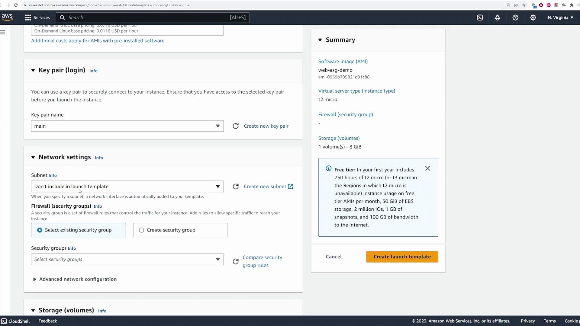 The image shows an AWS EC2 console screen for creating a launch template, including options for key pair, network settings, and storage volumes. A summary section on the right provides details about the software image, instance type, and free tier information.