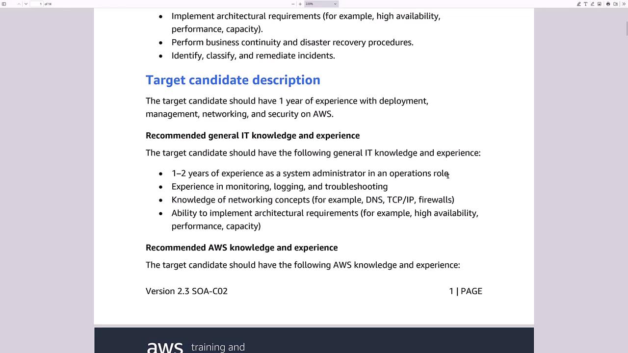 The image is a document detailing the target candidate description for an AWS-related role, outlining recommended IT and AWS knowledge and experience, including system administration and networking skills.