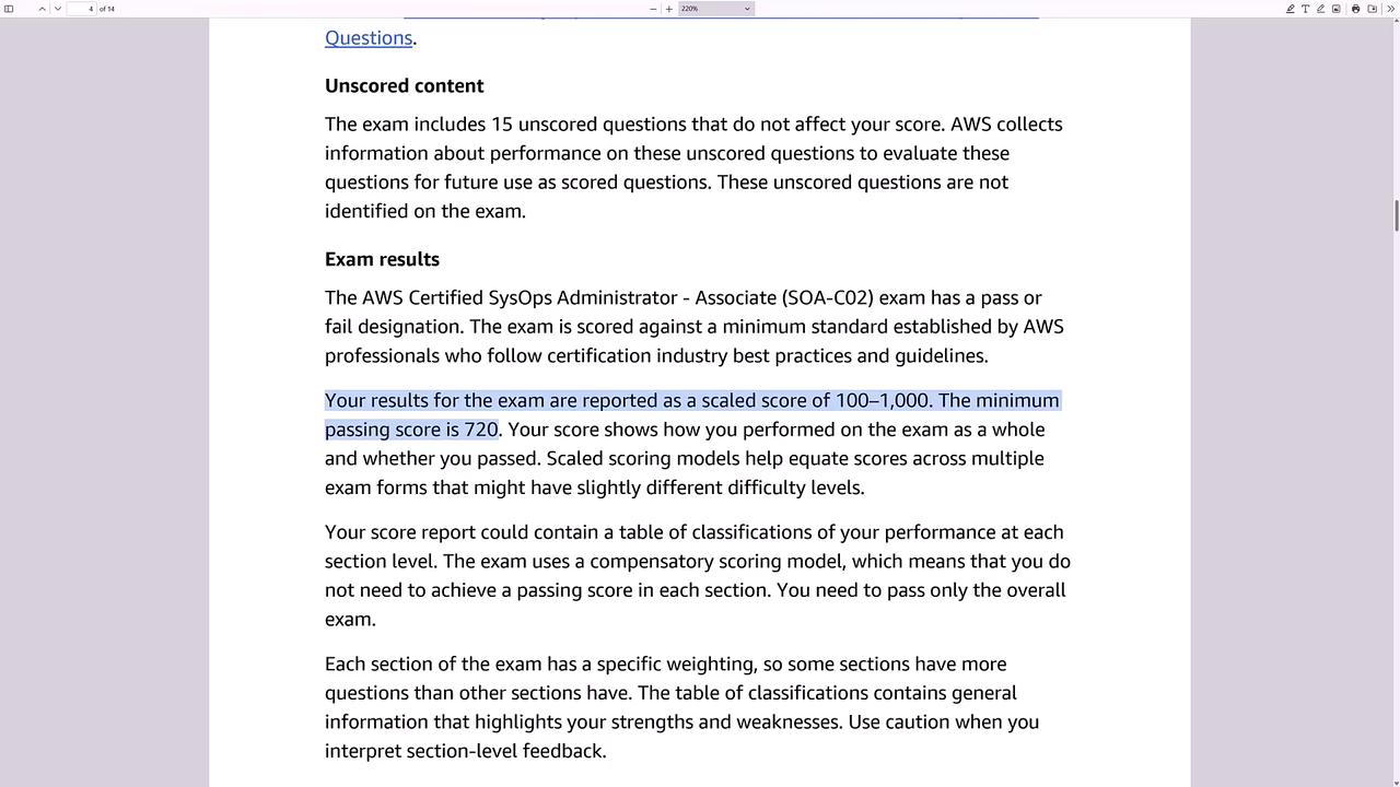 The image contains text about the AWS Certified SysOps Administrator - Associate exam, detailing unscored content, exam results, and scoring information, including a minimum passing score of 720.