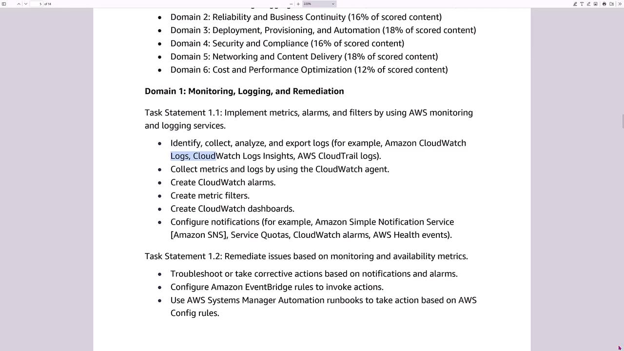 The image shows a document outlining AWS monitoring and logging tasks, including implementing metrics, alarms, and filters, and remediating issues using various AWS services like CloudWatch and Amazon SNS.