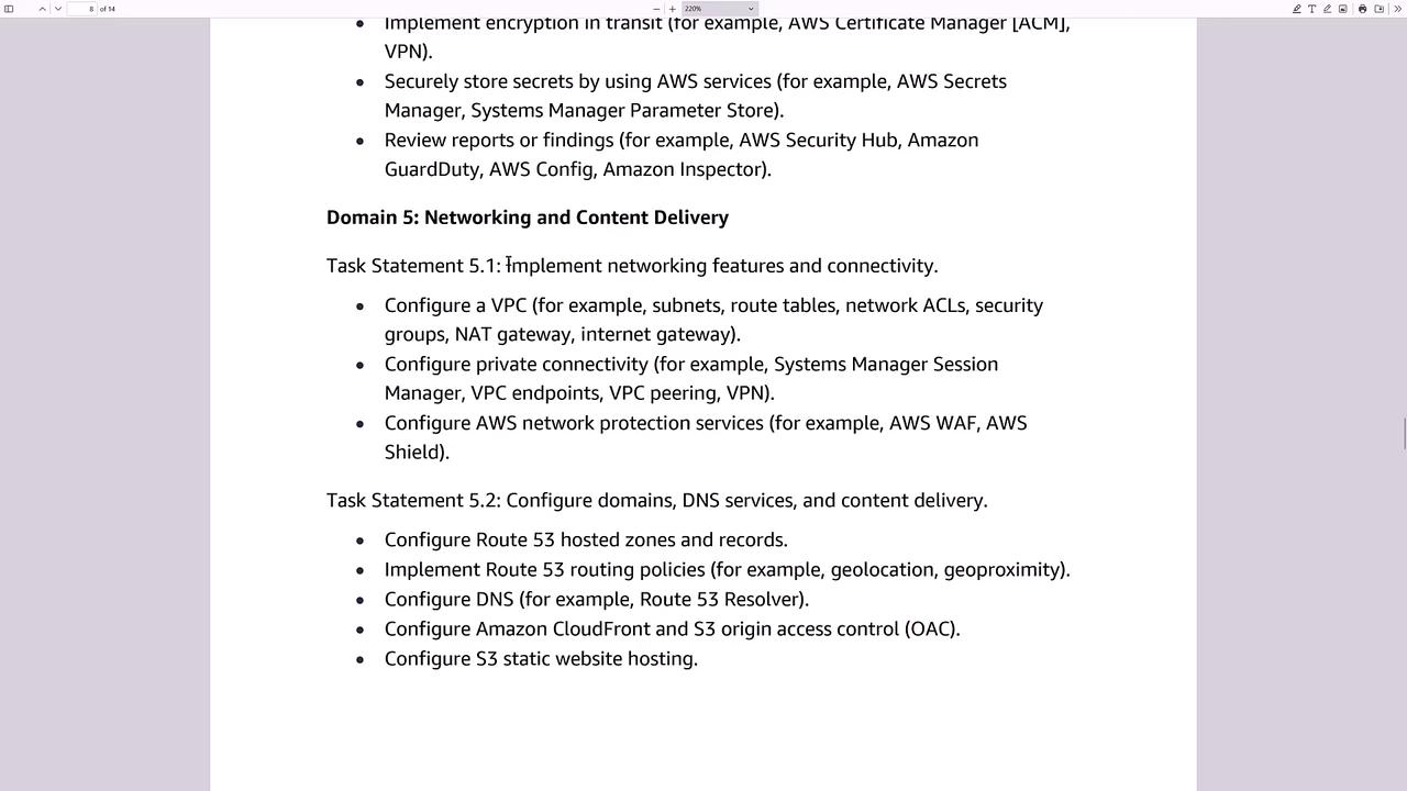 The image contains a text document outlining tasks related to AWS networking and content delivery, including configuring VPCs, Route 53, and AWS network protection services.