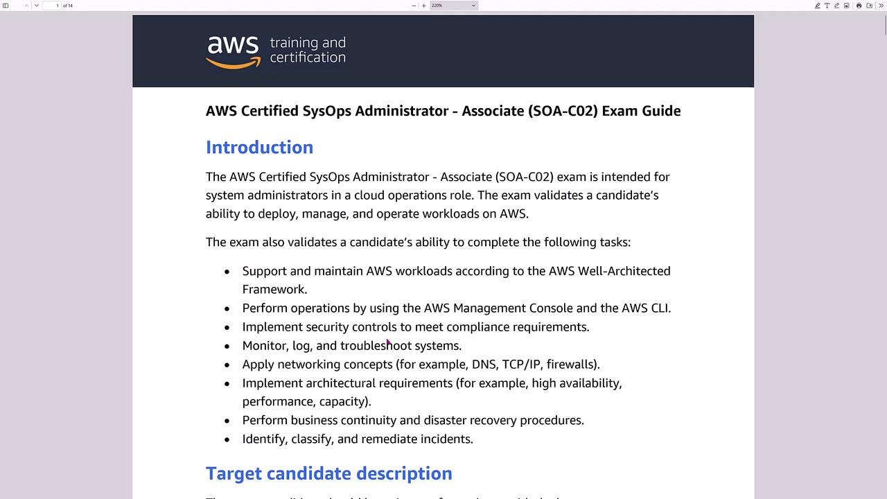 The image is a page from the AWS Certified SysOps Administrator - Associate (SOA-C02) Exam Guide, detailing the introduction and key tasks validated by the exam. It includes a list of tasks such as supporting AWS workloads, performing operations, and implementing security controls.