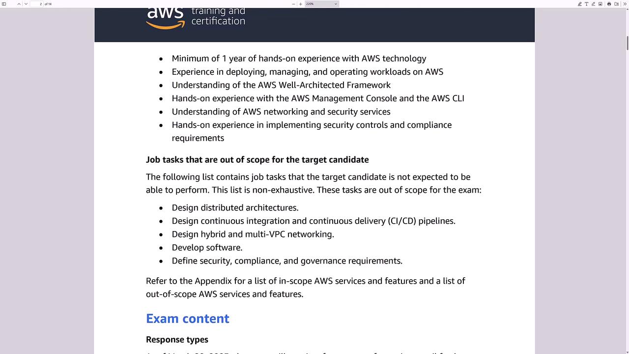 The image is a page from an AWS training and certification document outlining required experience and skills, as well as tasks that are out of scope for a target candidate. It also mentions exam content and response types.