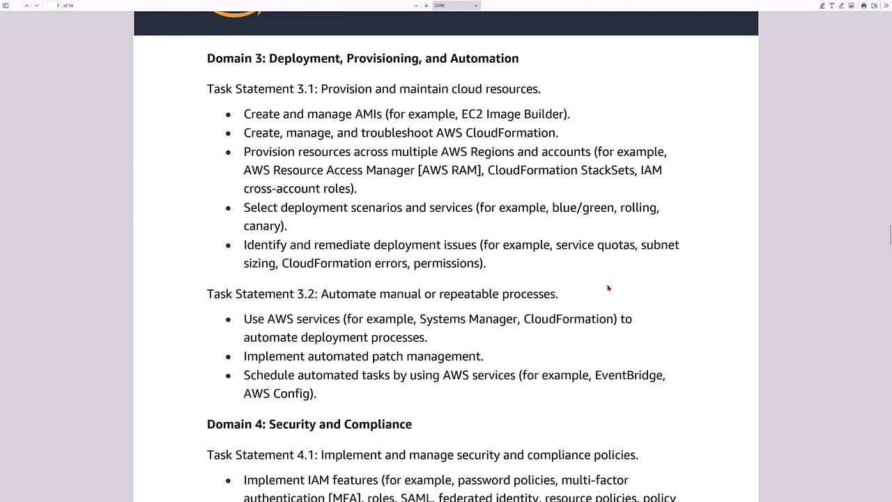 The image contains text outlining tasks related to "Deployment, Provisioning, and Automation" and "Security and Compliance" in cloud computing, specifically using AWS services. It includes task statements and examples of activities like managing AMIs, automating processes, and implementing security policies.