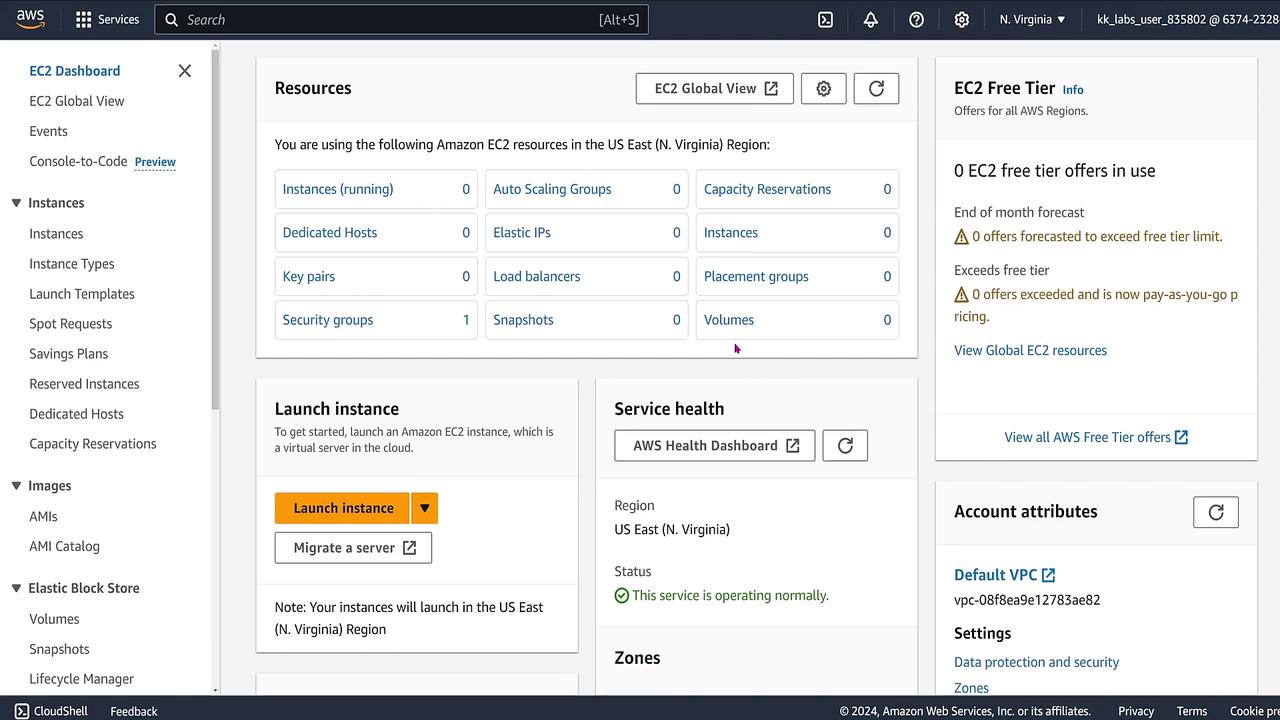 The image shows an Amazon EC2 Dashboard from AWS, displaying resources, service health, and options to launch instances in the US East (N. Virginia) region.