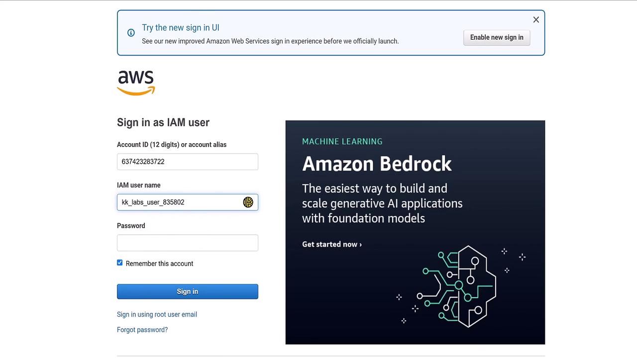 The image shows an AWS IAM user sign-in page with fields for account ID, username, and password. There's also an advertisement for Amazon Bedrock, a service for building and scaling generative AI applications.