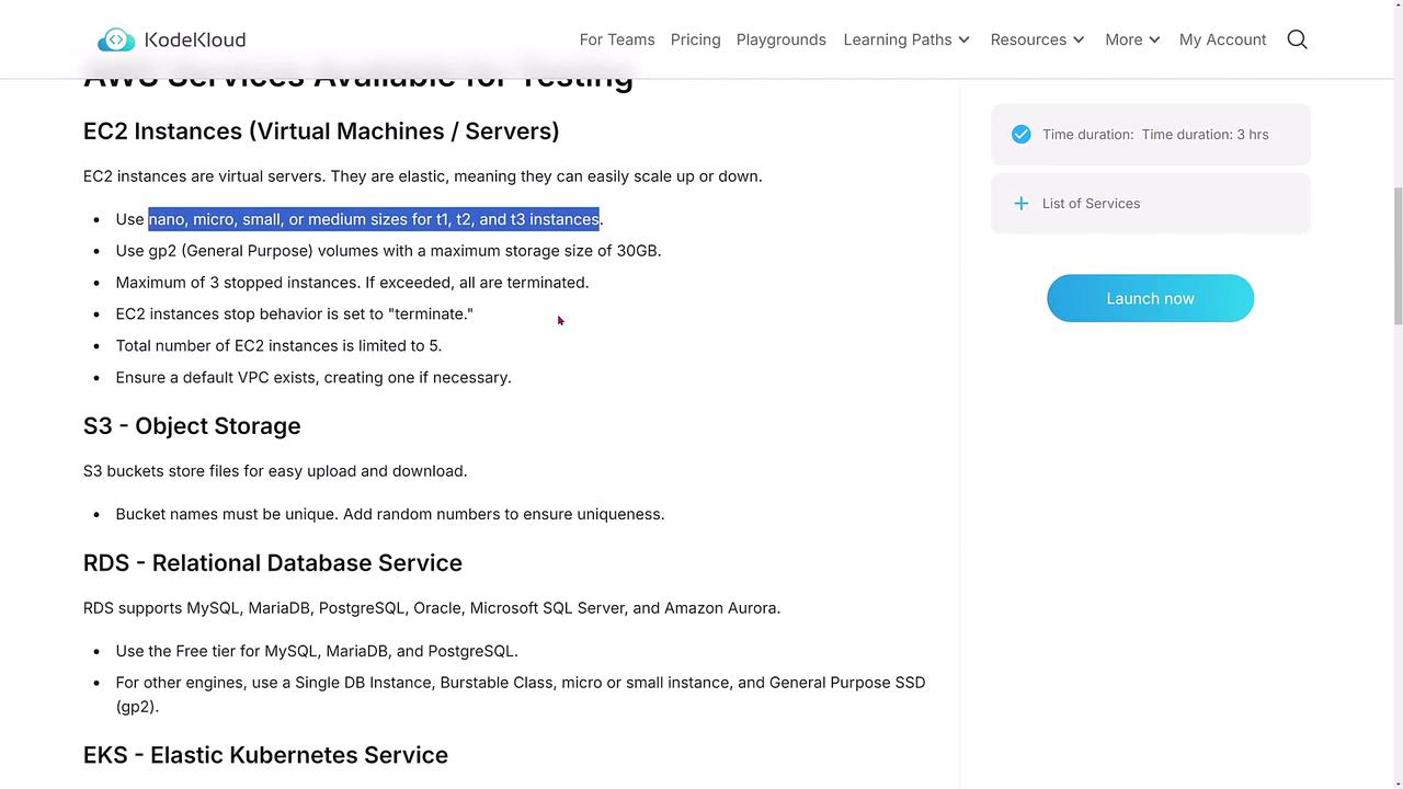 The image is a webpage from KodeKloud detailing AWS services available for testing, including EC2 instances, S3 object storage, RDS, and EKS. It includes specific guidelines and limitations for each service.