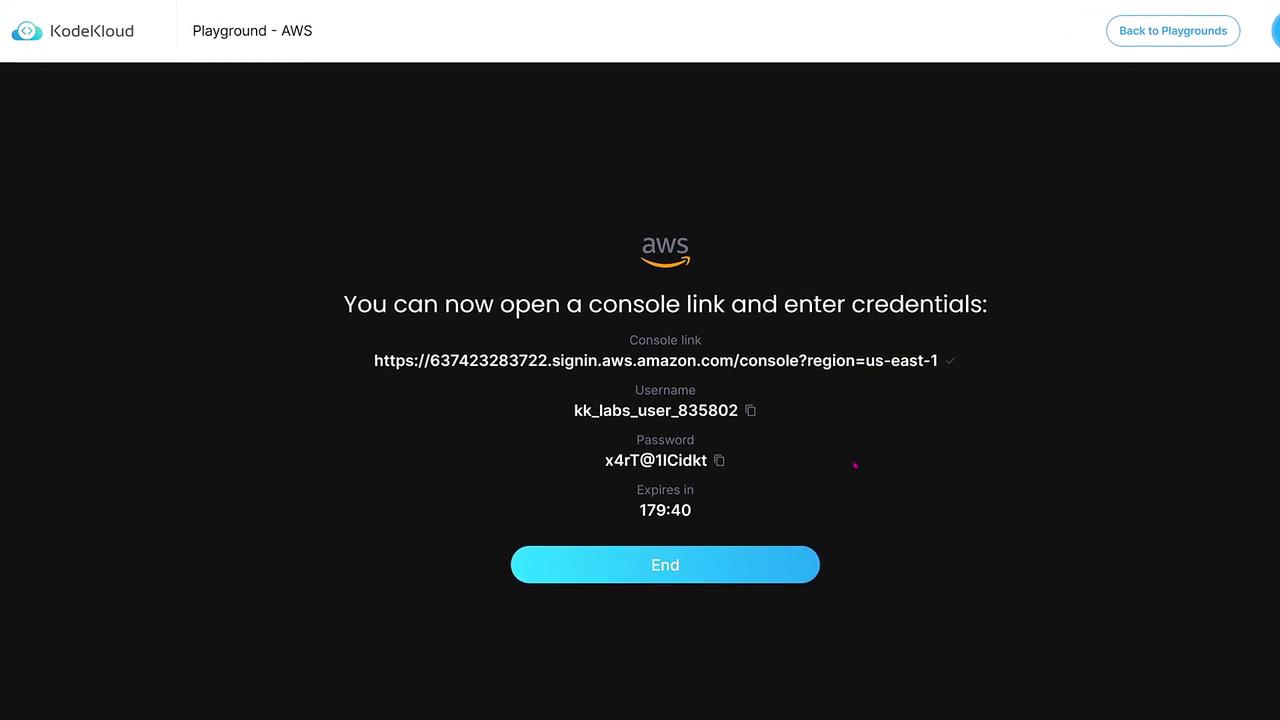 The image shows a KodeKloud AWS Playground interface with a console link, username, password, and expiration time for accessing an AWS console.