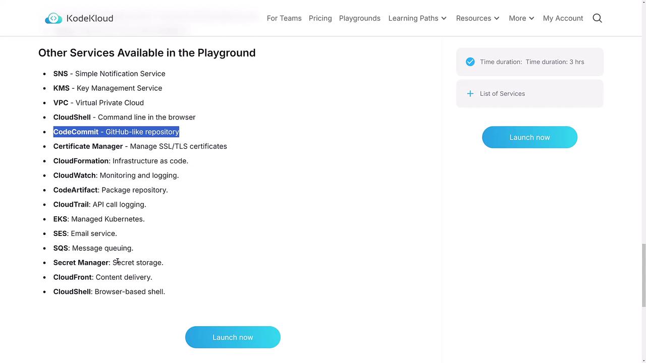The image shows a list of services available in a playground environment, including SNS, KMS, VPC, and others, with options to launch them.