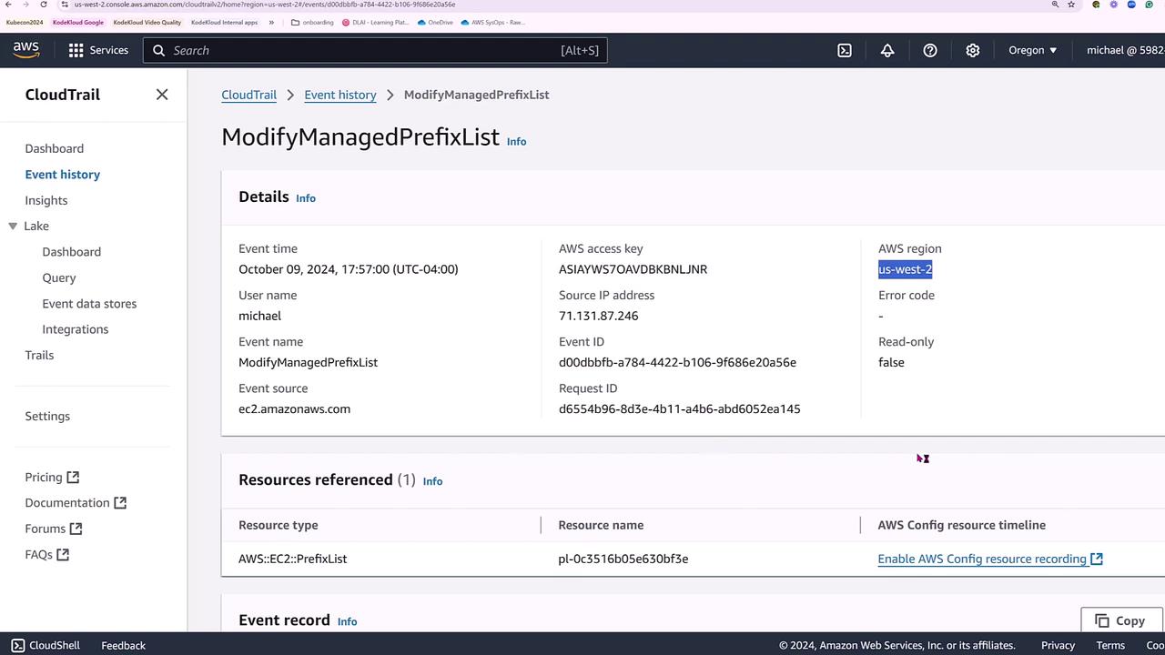 The image shows an AWS CloudTrail event history page detailing a "ModifyManagedPrefixList" event, including information such as event time, user name, AWS region, and source IP address.