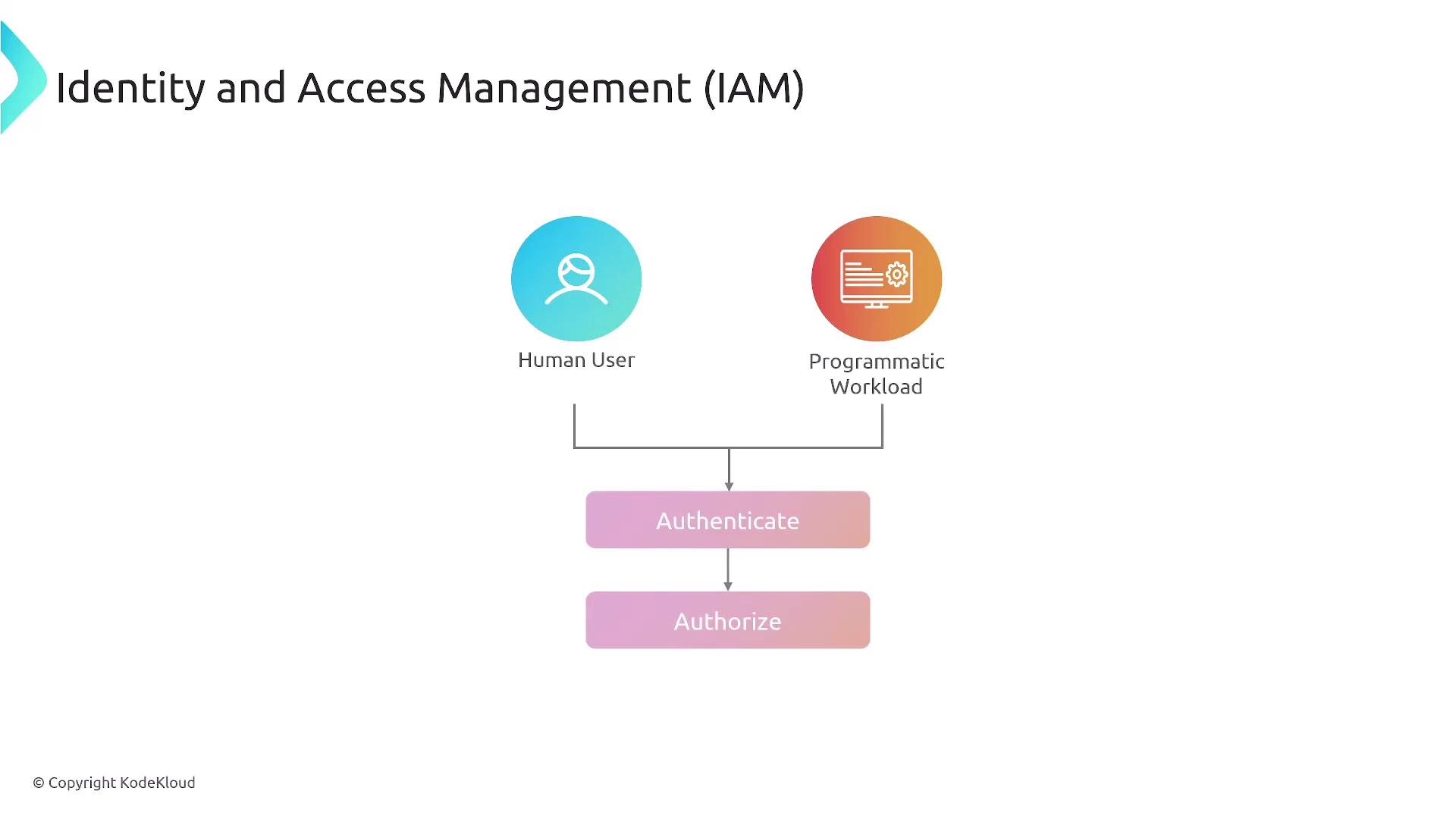 The image illustrates a flowchart for Identity and Access Management (IAM), showing two types of users: "Human User" and "Programmatic Workload," both leading to "Authenticate" and then "Authorize."
