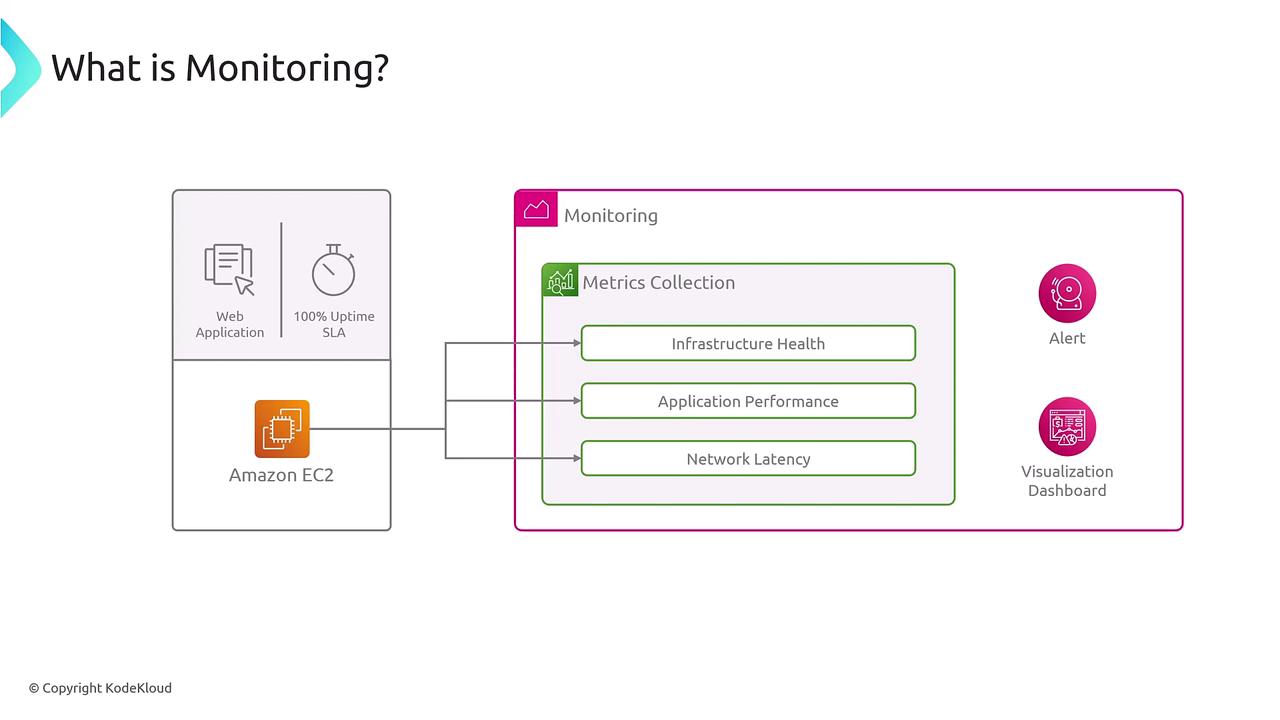 The image is a diagram explaining monitoring, showing how a web application on Amazon EC2 is monitored through metrics collection (infrastructure health, application performance, network latency) and linked to alerts and a visualization dashboard.