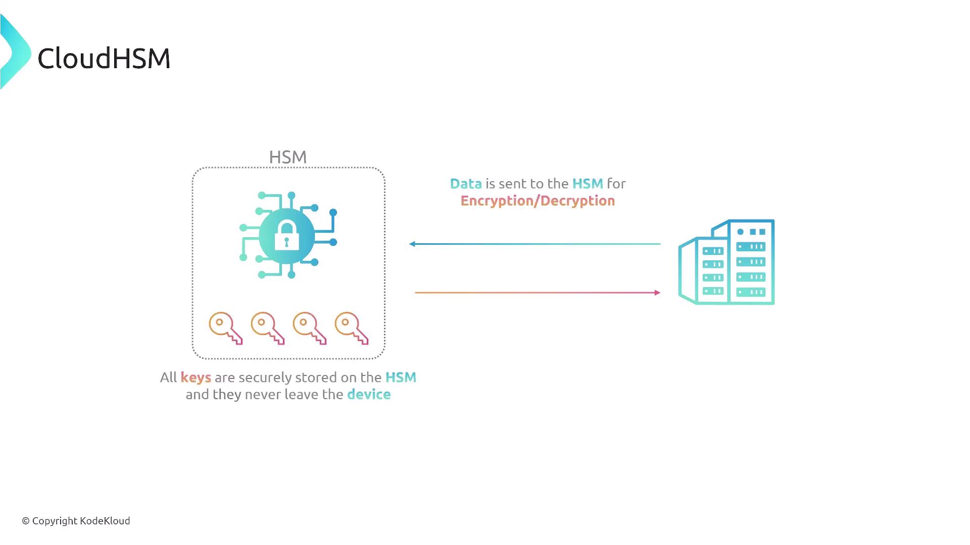 The image illustrates a CloudHSM system where data is sent to a Hardware Security Module (HSM) for encryption and decryption, with keys securely stored on the HSM.