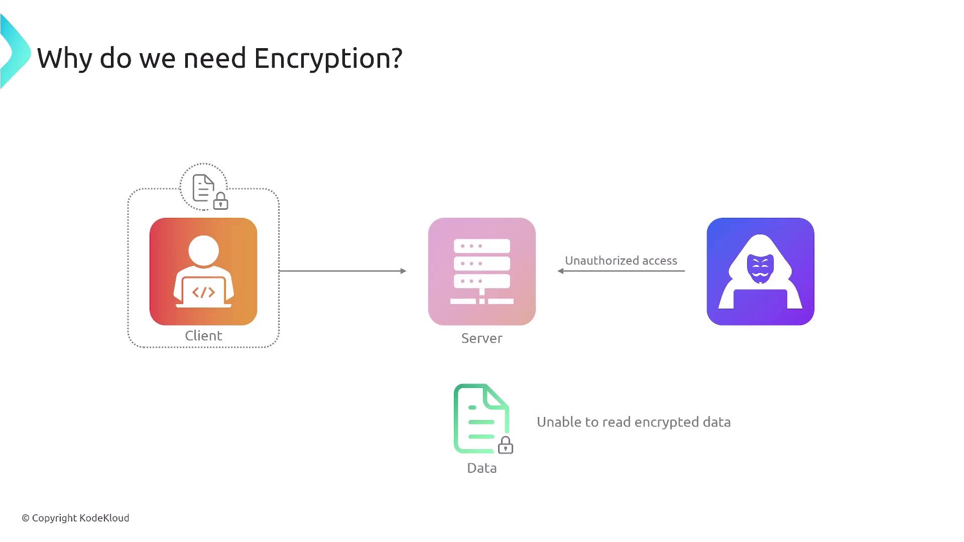 The image illustrates the need for encryption by showing a client, server, and unauthorized access attempt, highlighting that encrypted data cannot be read by unauthorized users.