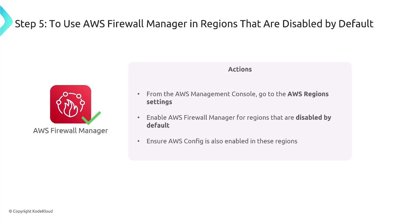The image provides instructions for using AWS Firewall Manager in regions that are disabled by default, including enabling AWS Config in those regions.