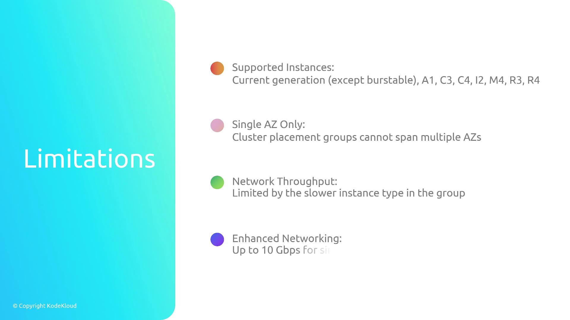 The image lists limitations related to supported instances, single availability zones, network throughput, and enhanced networking, with a gradient blue background.