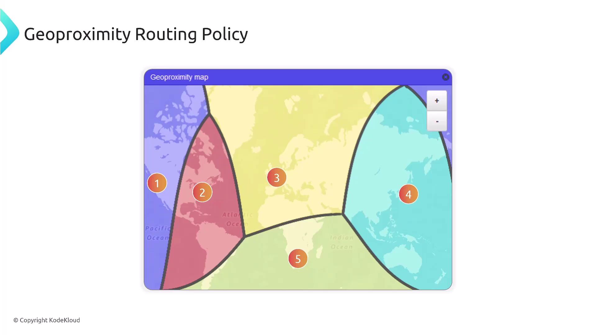 The image shows a geoproxity map divided into five colored regions, each marked with a number, illustrating a routing policy.