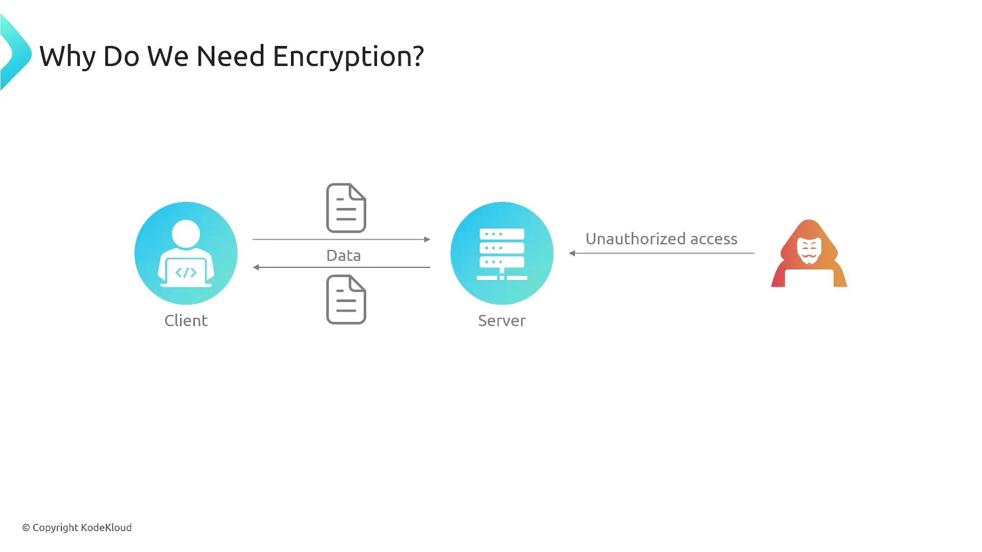 The image illustrates the need for encryption by showing data flow between a client and a server, with a risk of unauthorized access.