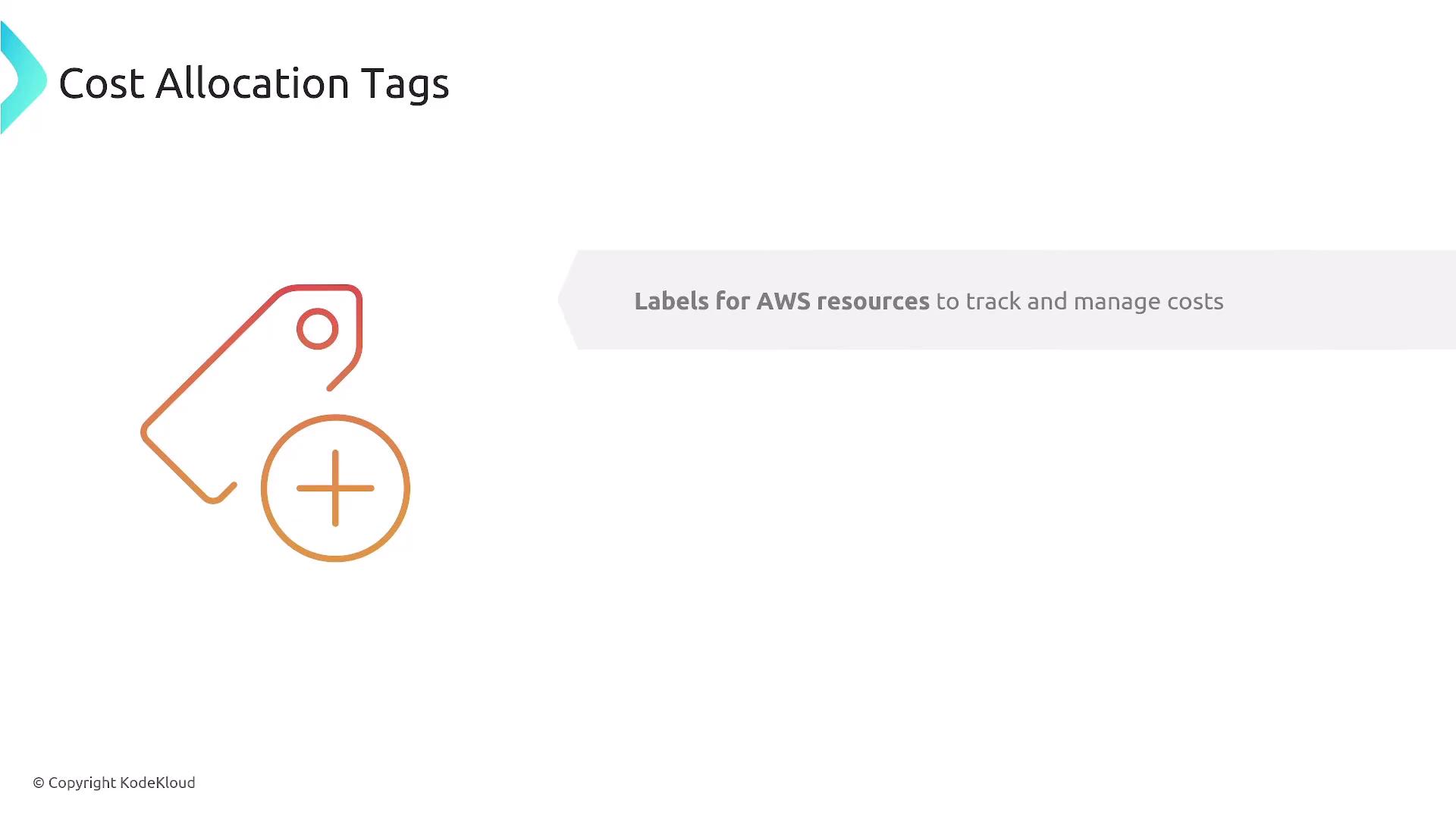 The image is about "Cost Allocation Tags" with a graphic of a tag and a plus sign, and it mentions using labels for AWS resources to track and manage costs.