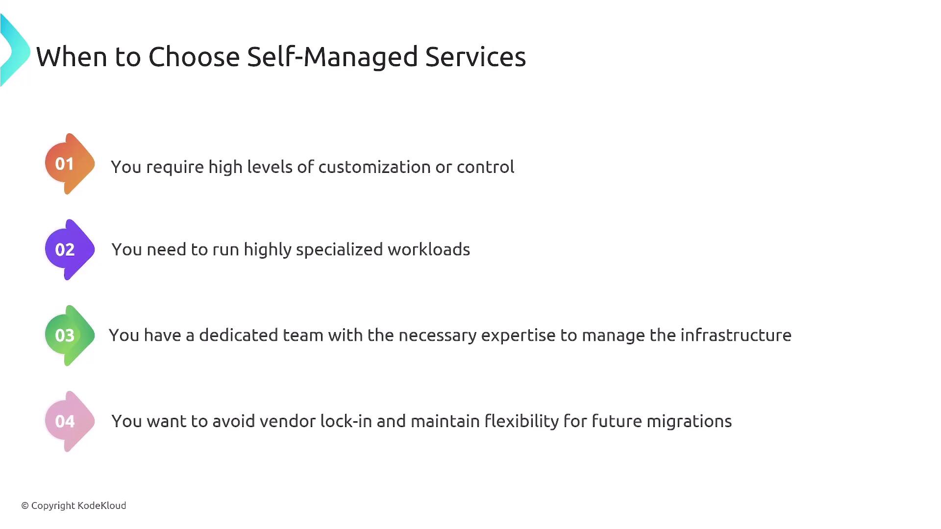 The image lists four reasons for choosing self-managed services, including the need for customization, specialized workloads, a dedicated team, and avoiding vendor lock-in.