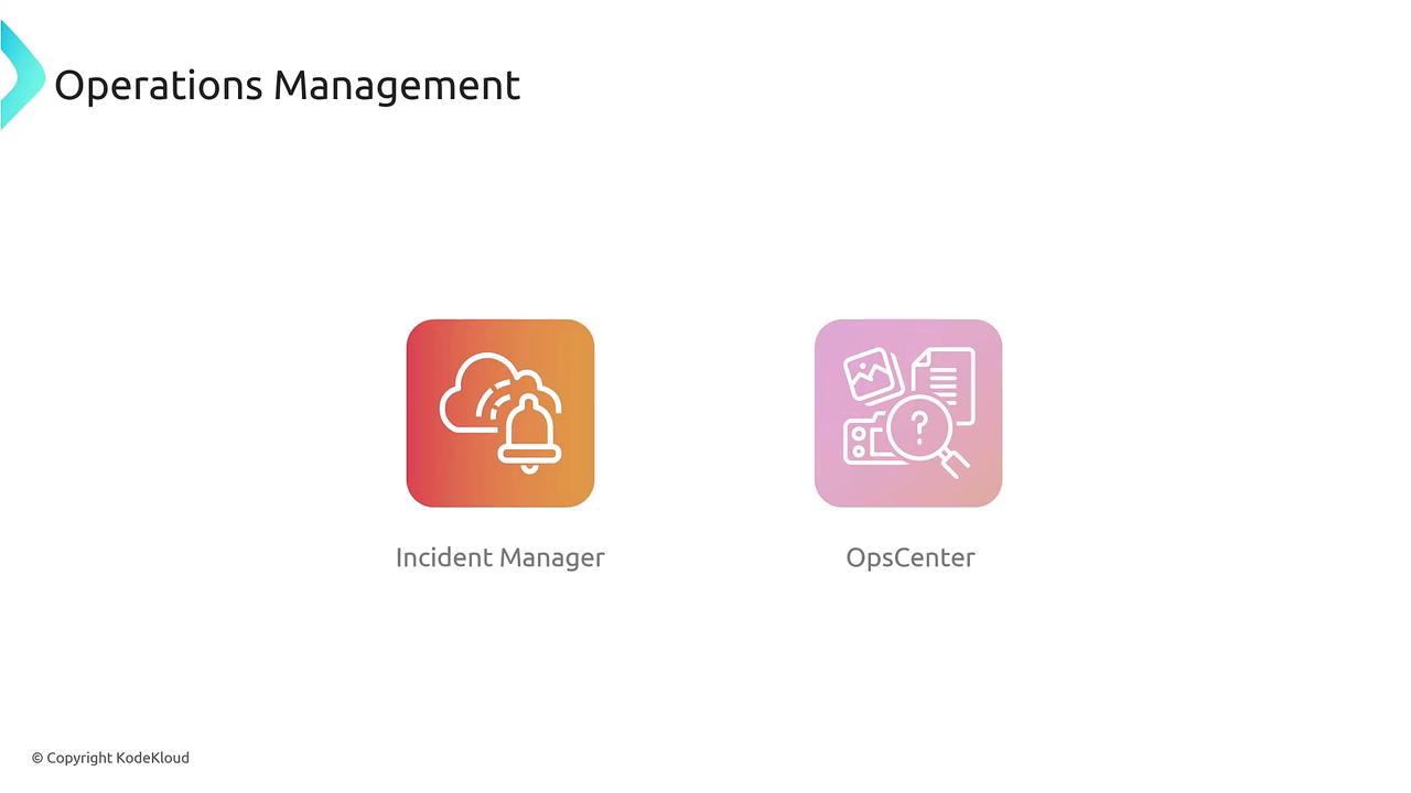 The image shows two icons labeled "Incident Manager" and "OpsCenter" under the heading "Operations Management." Each icon has a distinct design related to its function.