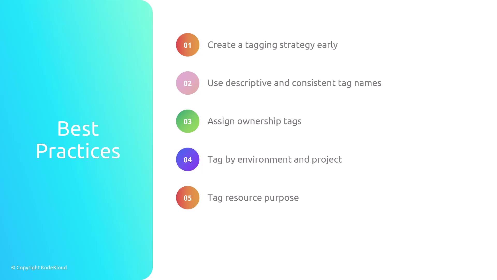The image lists best practices for tagging, including creating a strategy early, using consistent tag names, assigning ownership tags, tagging by environment and project, and tagging resource purpose.