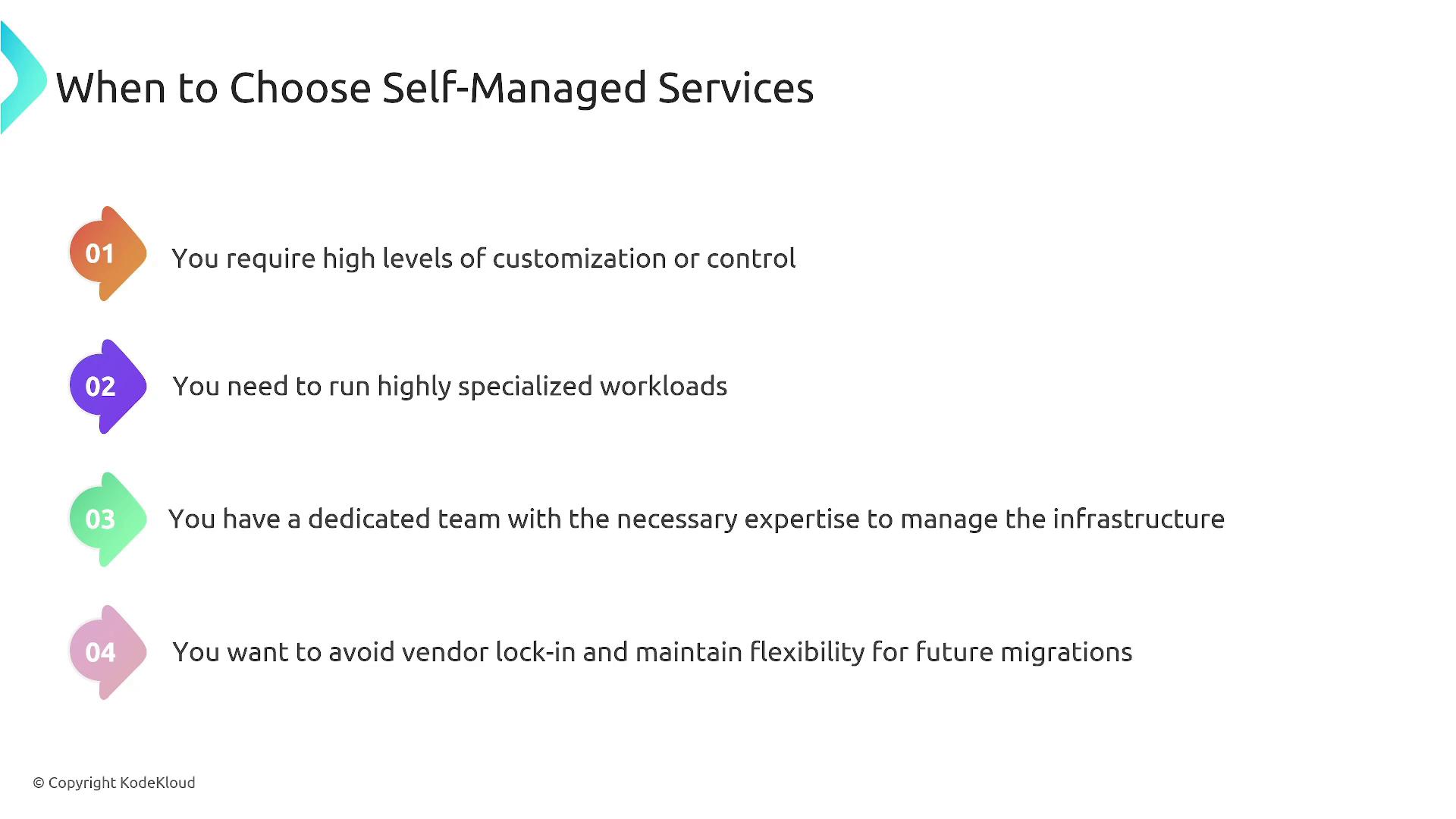 The image lists four reasons to choose self-managed services, including the need for customization, specialized workloads, a dedicated team, and avoiding vendor lock-in.