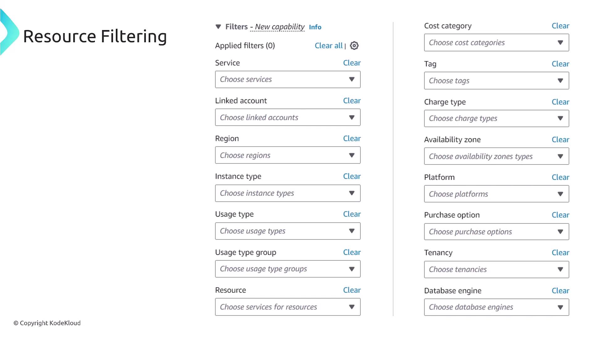The image shows a "Resource Filtering" interface with various dropdown menus for selecting filters like service, region, instance type, and more. It includes options to clear selections and apply filters for resource management.