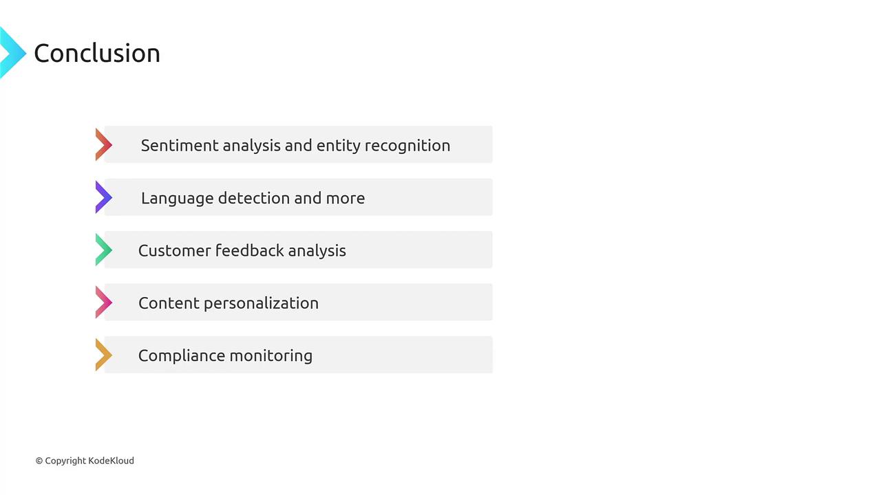 The image lists five topics under "Conclusion": sentiment analysis, language detection, customer feedback analysis, content personalization, and compliance monitoring.