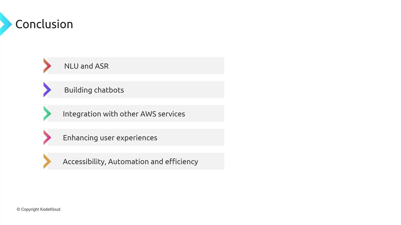 The image is a conclusion slide listing key points: NLU and ASR, building chatbots, AWS integration, enhancing user experiences, and accessibility, automation, and efficiency.