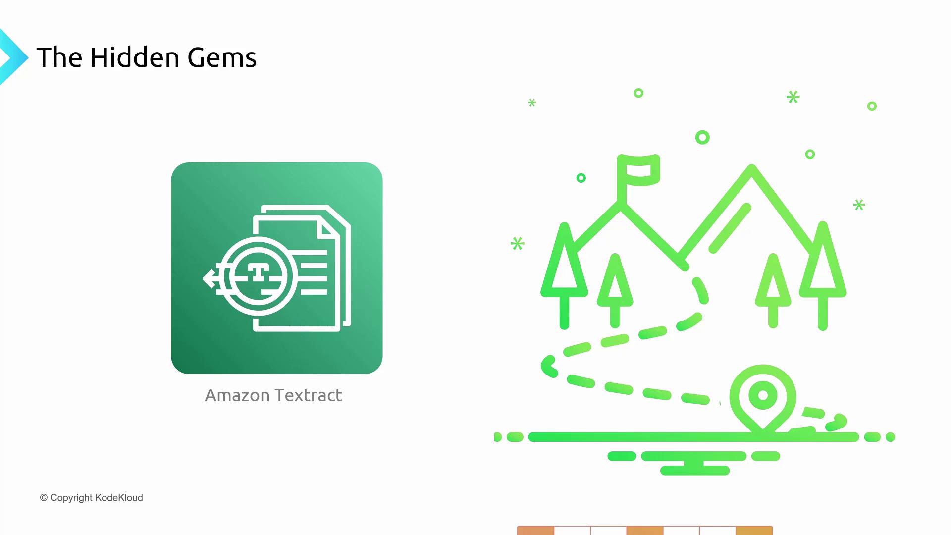 The image features a presentation slide titled "The Hidden Gems," showcasing Amazon Textract and a stylized illustration of a mountain landscape with trees and a path.
