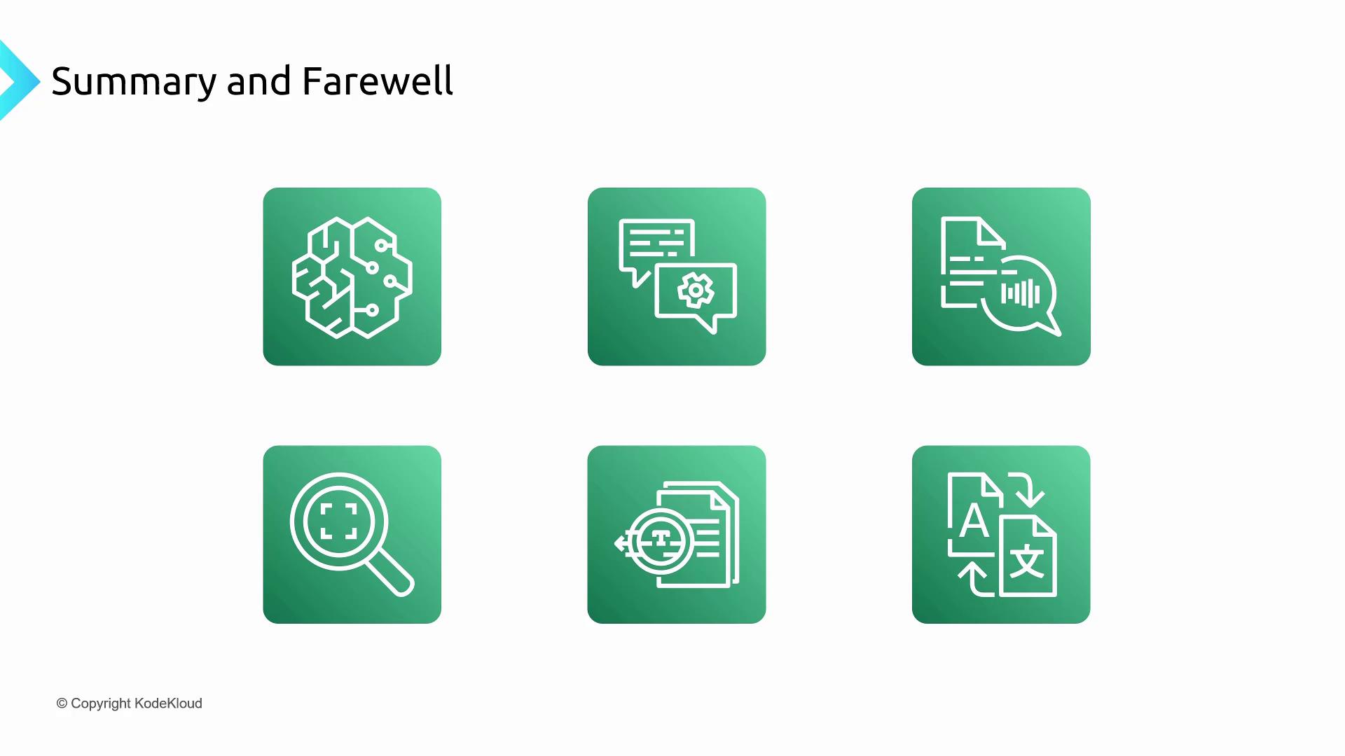 The image features six green icons related to technology and communication, under the heading "Summary and Farewell," with a copyright notice from KodeKloud.